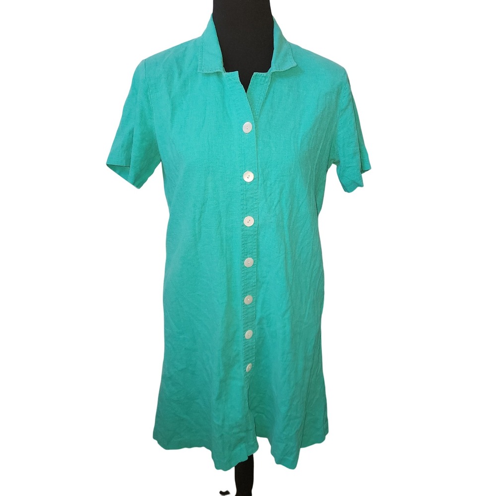 ERIKA DRESSES Turquoise Linen Blend Button Front Collar‎ Shirt Dress Medium flaw